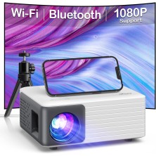 Proyector, AKIYO Mini Proyector Portátil WiFi Bluetooth con Tripode, Soporta 1080P Full HD Nativo 720P, Proyector Cine en Casa