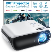 Proyector Bluetooth, 1080P Nativo 9500L Portátil 4K Soporte, [Pantalla Incluida] Mini Proyector Casa Cine para Smartphone/PC/TV